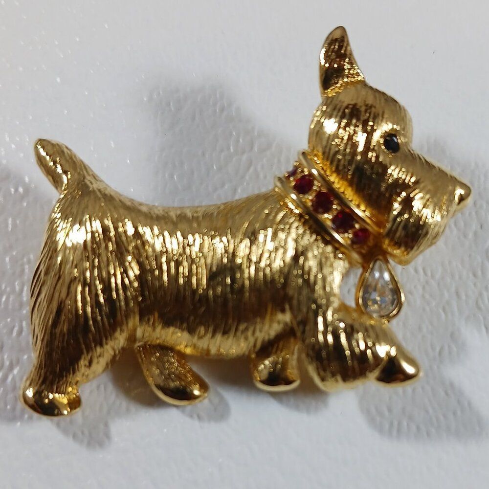 Napier Signed Vintage Gold Tone Scottie Dog Rhinestone Brooch